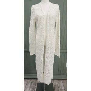 Freshman 1996 Ivory Crochet Knit Duster Cardigan Boho Longline Sweater - Size L